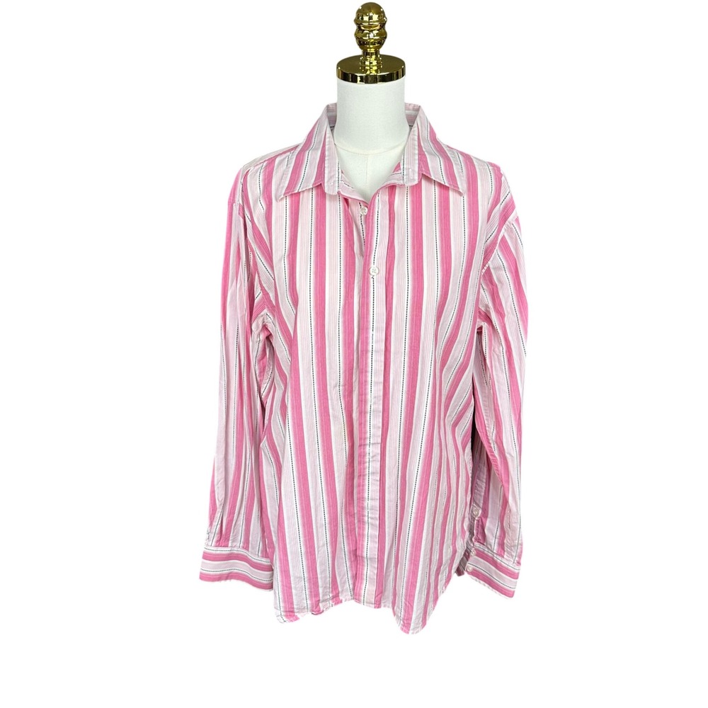 Y-Chrome Mens Pink White Striped Long Sleeve Cotton Button Down Shirt Large